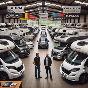 Diverse mobilhome-merken zoals Adria, Benimar, Burstner, en Hymer op een professionele locatie, snel en eenvoudig te verkopen in België