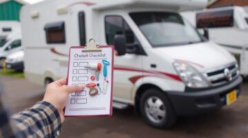 checklist voor de verkoop van een mobilhome, met duidelijke stappen en een goed onderhouden mobilhome op de achtergrond.