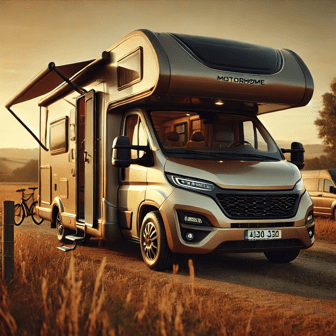 mobilhome in perfecte staat met zonsondergang op de achtergrond, symbool van waarde en professionaliteit bij verkoop